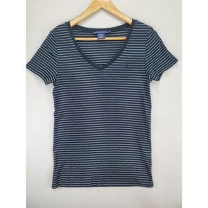 Ralph Lauren Sport V Neck Women's T-Shirt Black White Stripe Size XL